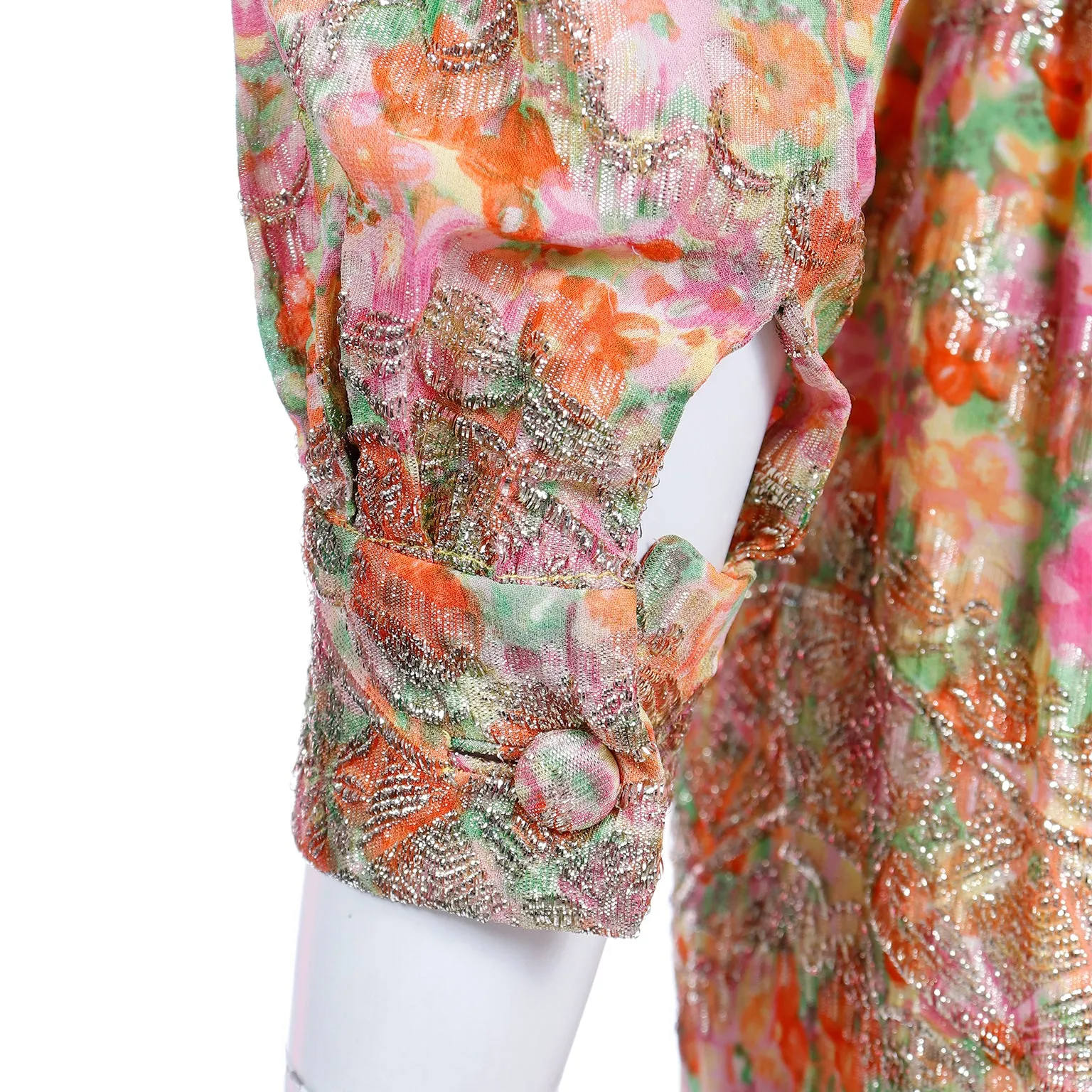 1970s Larry Aldrich Floral Vintage Midi Dress W Gold Metallic Designs