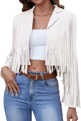 American Trends Womens Casual Faux Leather Jacket Fringe Tops Tassel Suede Cropped Coats Motorcycle Jacket