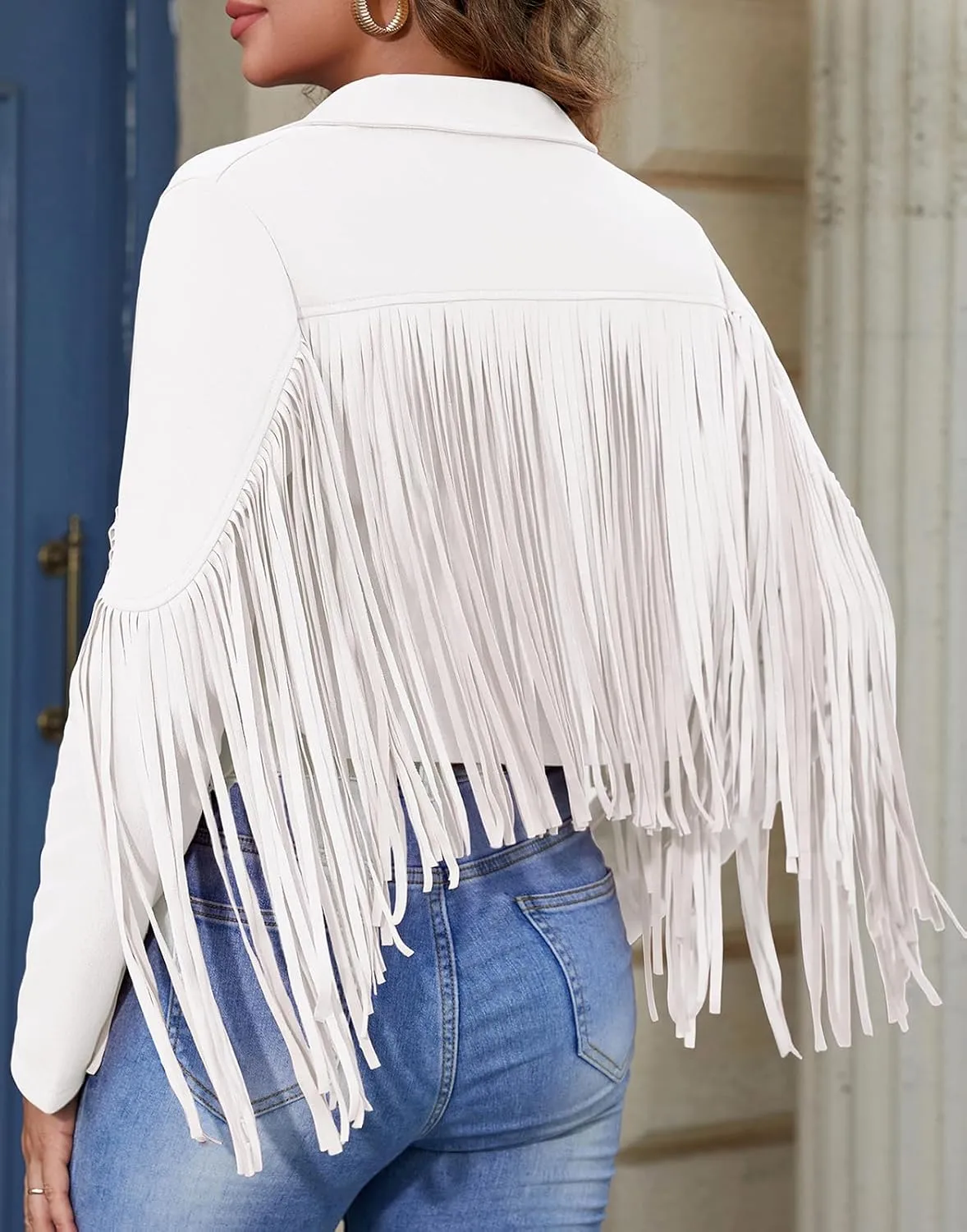 American Trends Womens Casual Faux Leather Jacket Fringe Tops Tassel Suede Cropped Coats Motorcycle Jacket
