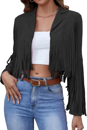 American Trends Womens Casual Faux Leather Jacket Fringe Tops Tassel Suede Cropped Coats Motorcycle Jacket