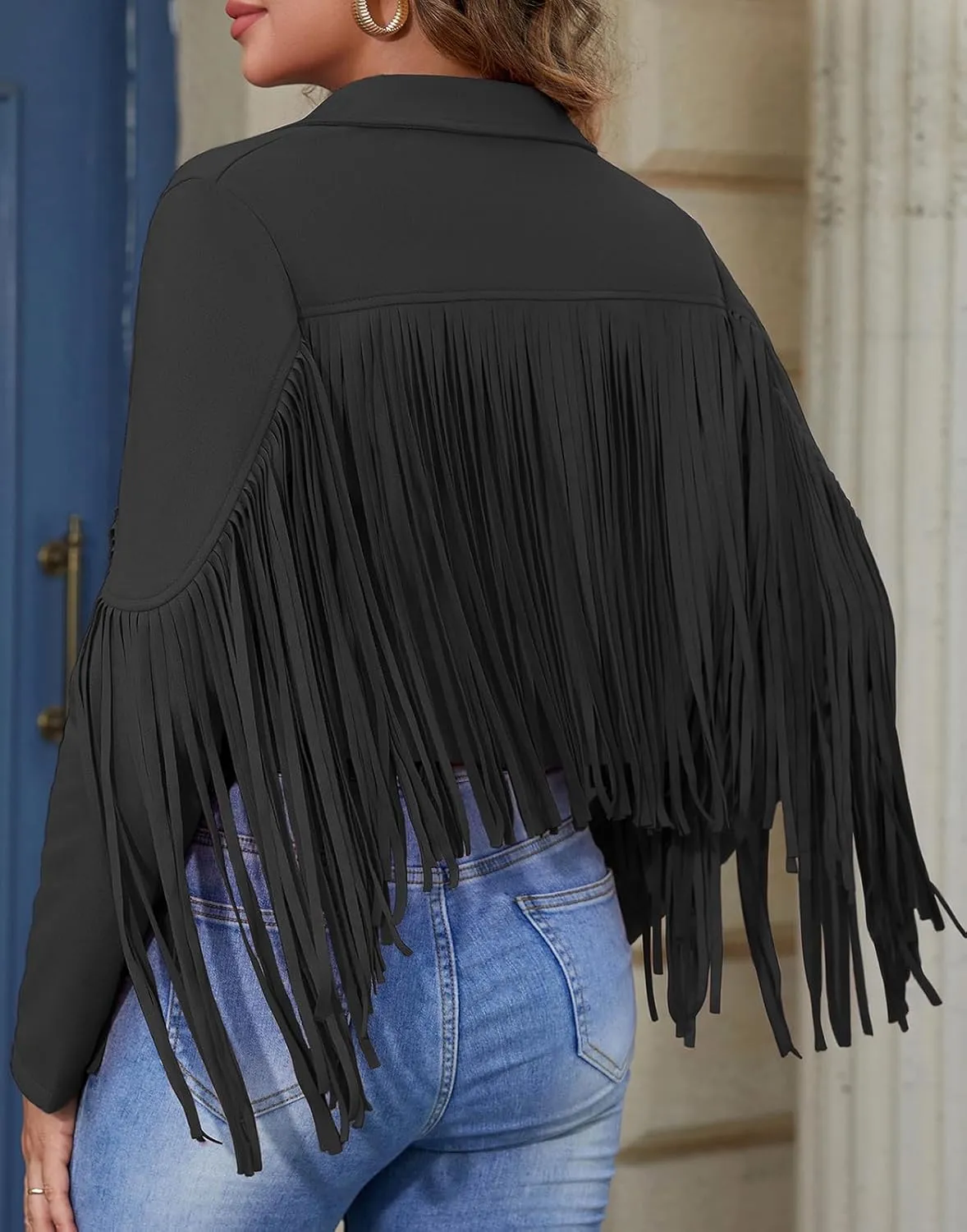 American Trends Womens Casual Faux Leather Jacket Fringe Tops Tassel Suede Cropped Coats Motorcycle Jacket