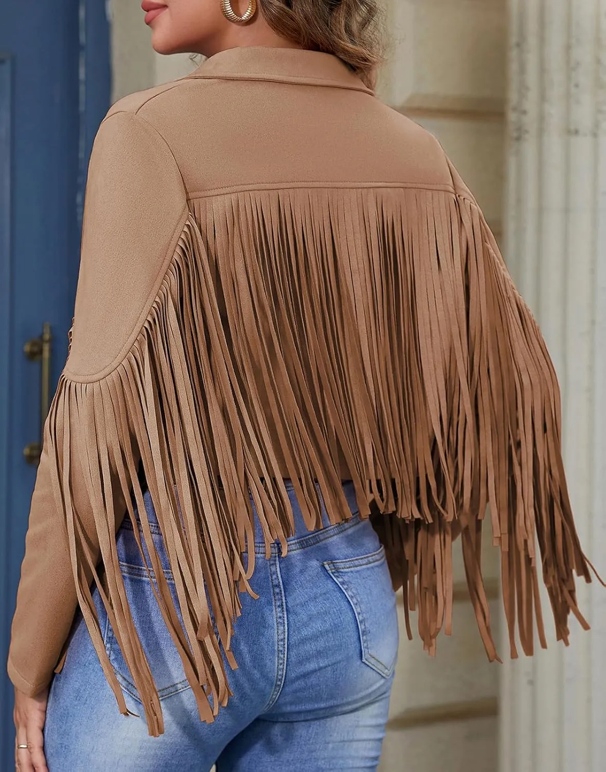 American Trends Womens Casual Faux Leather Jacket Fringe Tops Tassel Suede Cropped Coats Motorcycle Jacket
