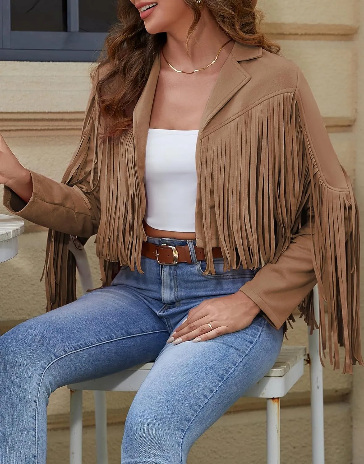American Trends Womens Casual Faux Leather Jacket Fringe Tops Tassel Suede Cropped Coats Motorcycle Jacket