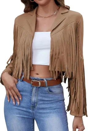 American Trends Womens Casual Faux Leather Jacket Fringe Tops Tassel Suede Cropped Coats Motorcycle Jacket
