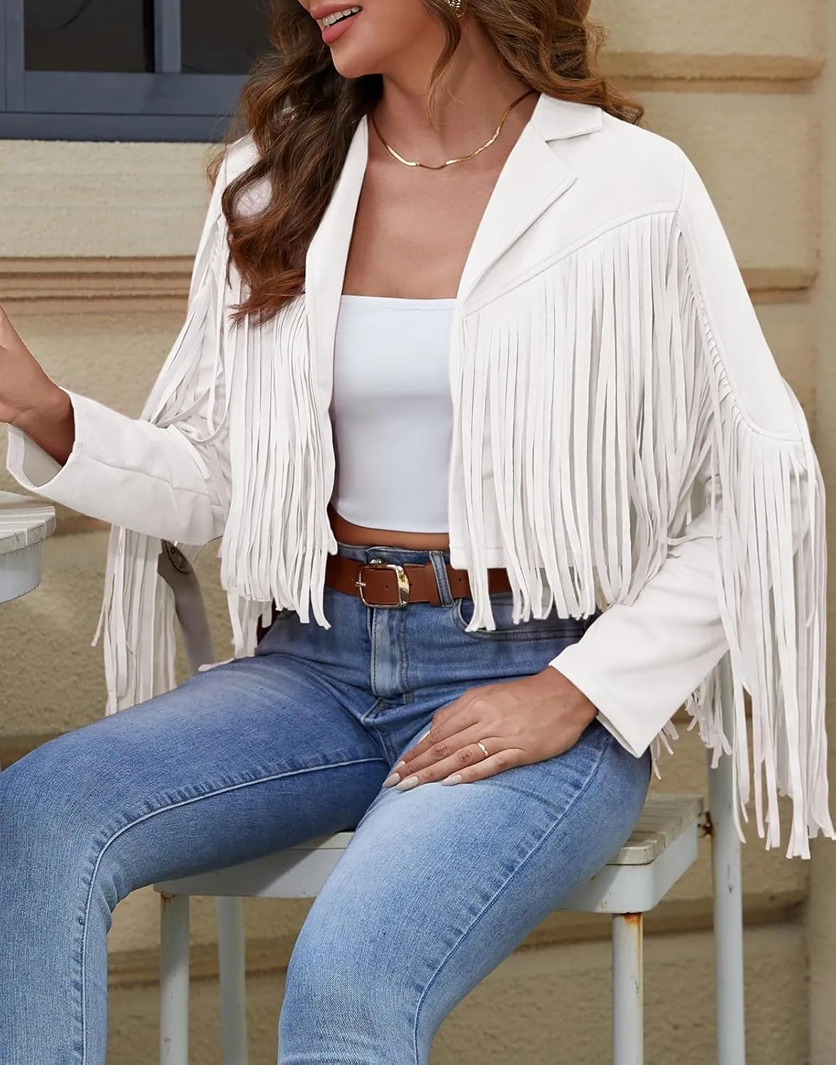 American Trends Womens Casual Faux Leather Jacket Fringe Tops Tassel Suede Cropped Coats Motorcycle Jacket