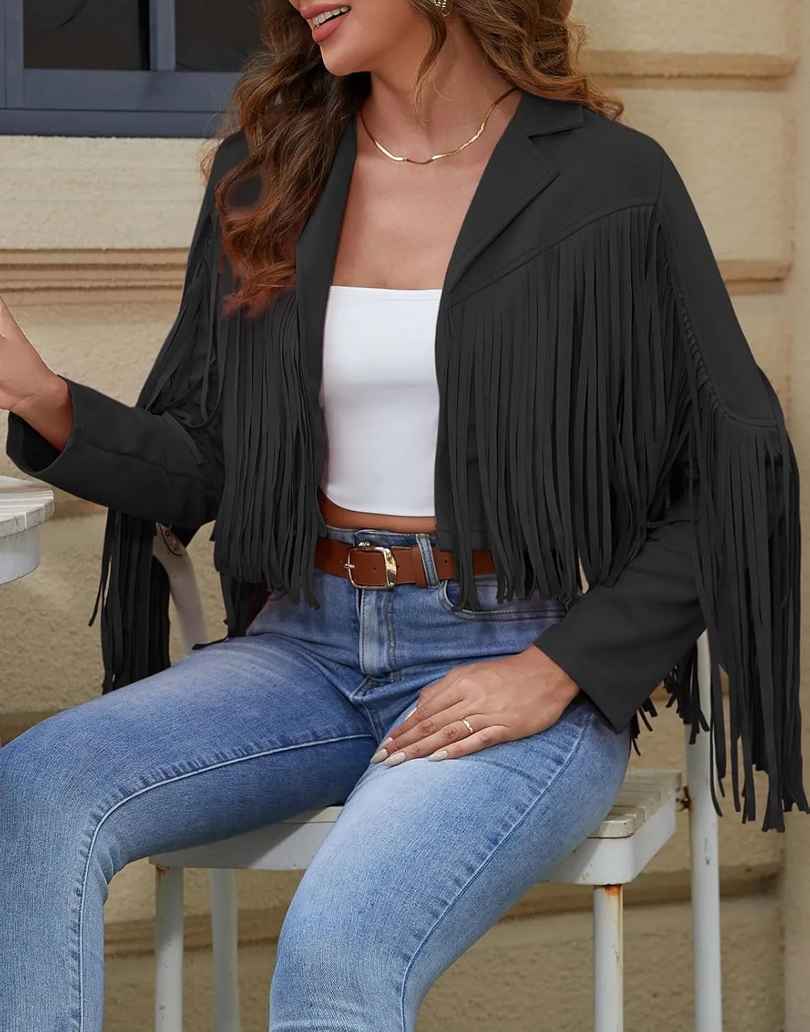 American Trends Womens Casual Faux Leather Jacket Fringe Tops Tassel Suede Cropped Coats Motorcycle Jacket