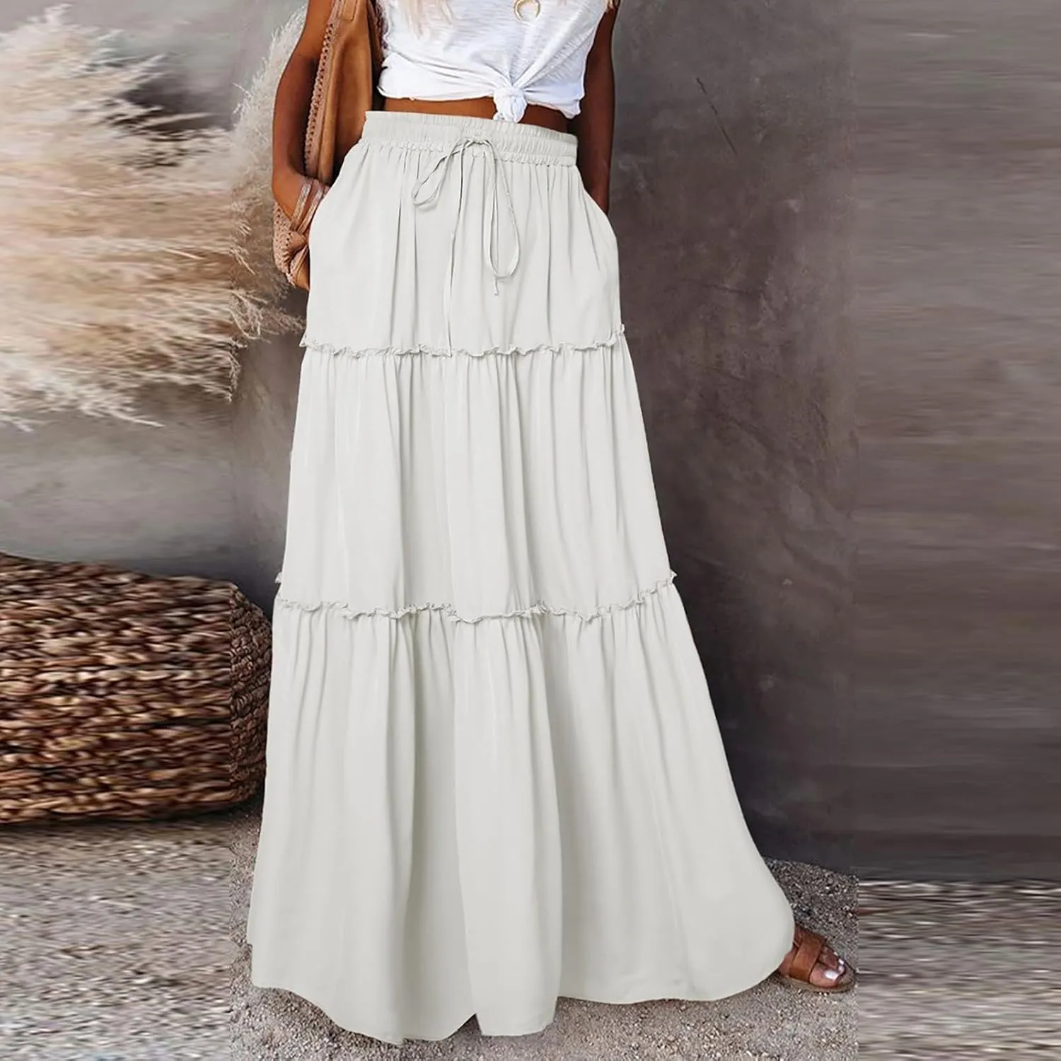 Beach Skirts for Women, Maxi Summer Solid Color Casual Vacation Womens Skirts