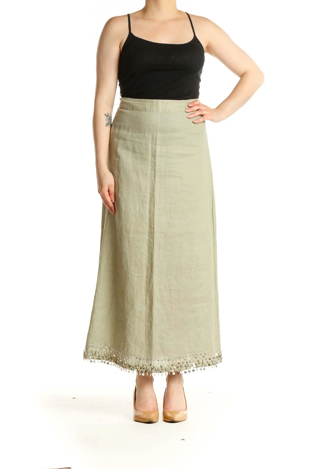Beige Sequin Casual Straight Skirt