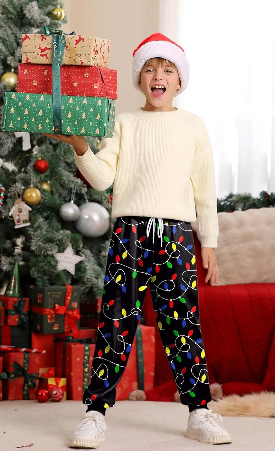 Boys Christmas Ugly Printed Drawstring Jogger Pants with Pockets 5-14 Years