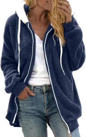 Casual Full Zip Sherpa Hoodies for Women Fleece Warm Soft Oversized Sweatshirts Drawstring Long Sleeve Winter Jackets