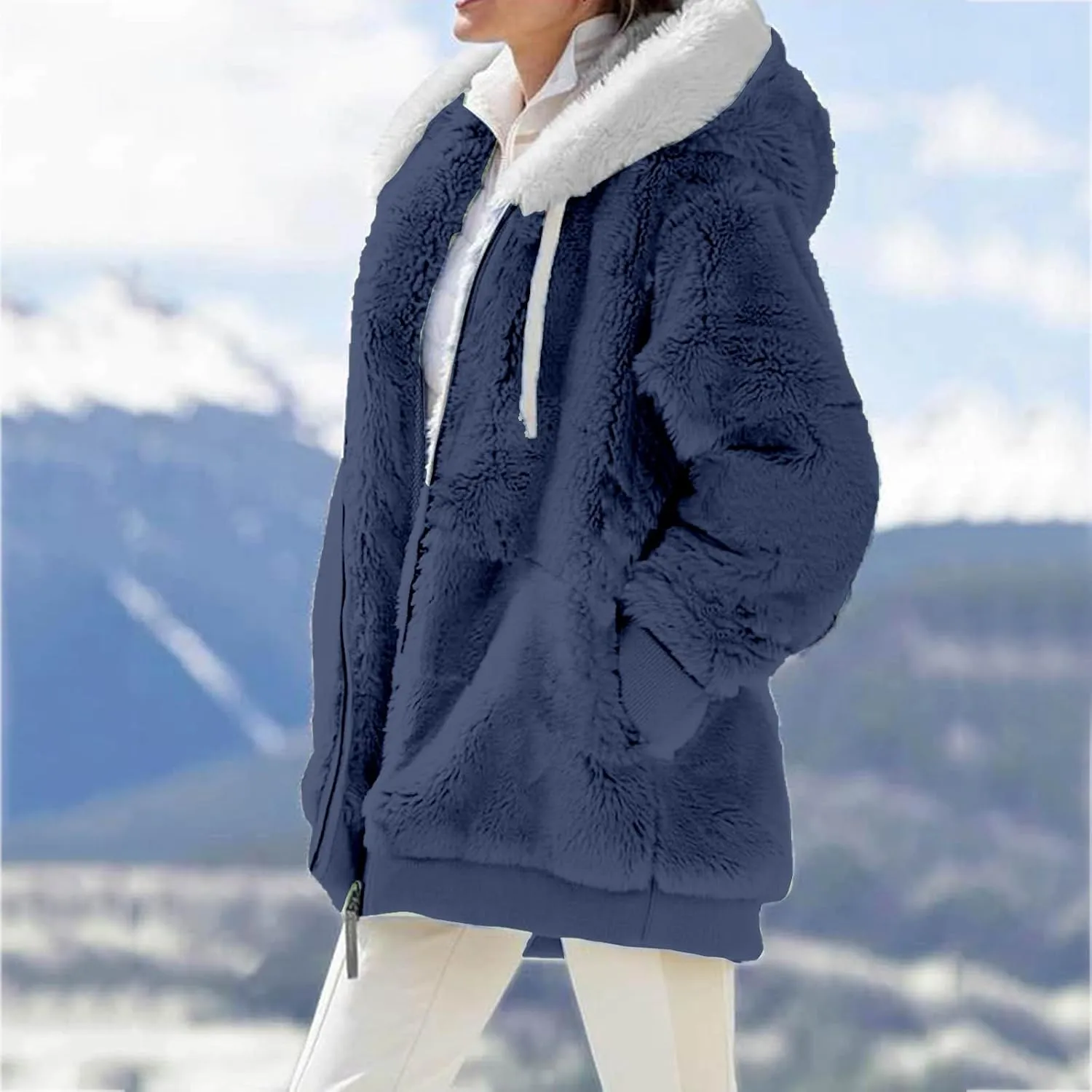 Casual Full Zip Sherpa Hoodies for Women Fleece Warm Soft Oversized Sweatshirts Drawstring Long Sleeve Winter Jackets