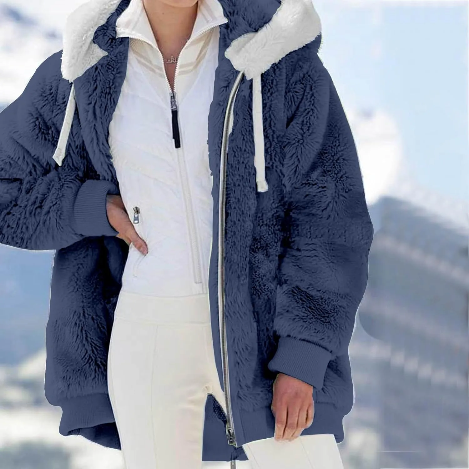 Casual Full Zip Sherpa Hoodies for Women Fleece Warm Soft Oversized Sweatshirts Drawstring Long Sleeve Winter Jackets