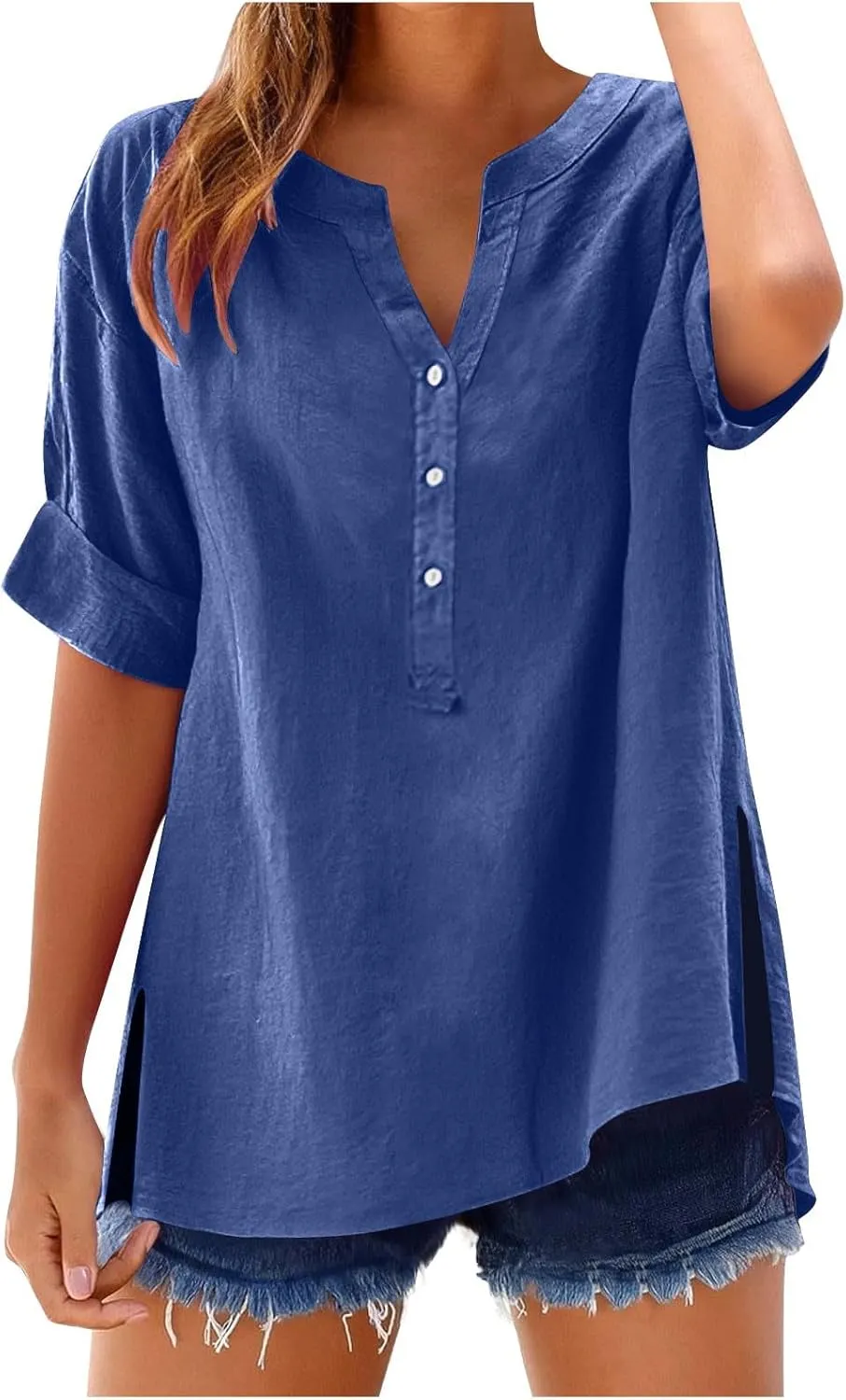 Cbcbtwo Womens Short Sleeve Linen Henley Tops 2025 V Neck Dressy Casual Loose Fit Shirts Summer Going Out Flowy Blouses