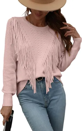 chouyatou Women's Casual Crewneck Fringe Tassel Knitted Pullover Sweater Jumper Tops