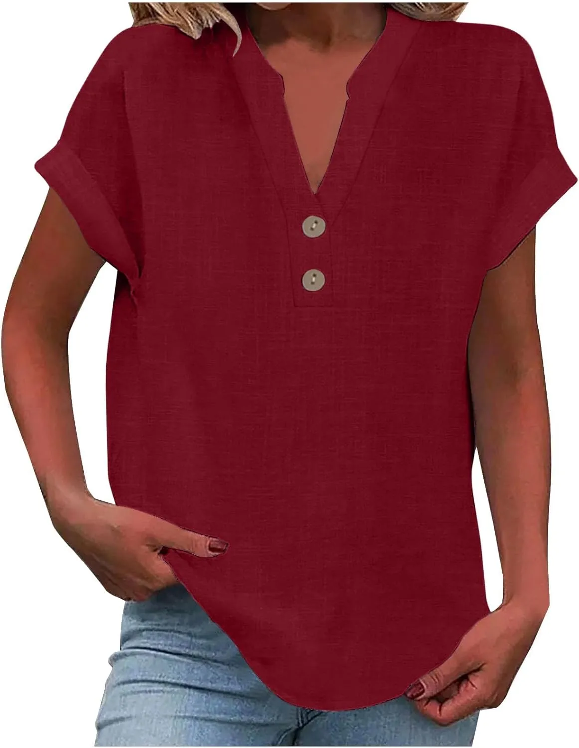 Cotton Linen Shirt for Women 2025 Trendy Short Sleeve Summer Blouse Button Down V Neck Tops Casual Vacation Tee Shirts