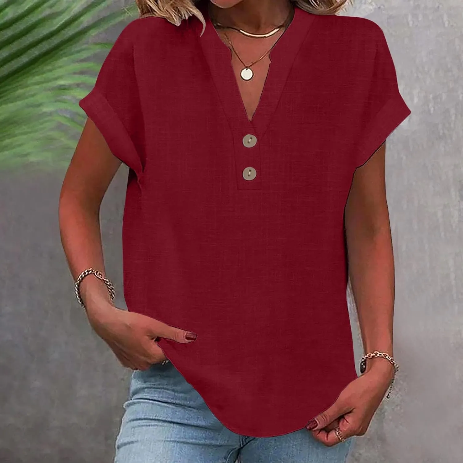 Cotton Linen Shirt for Women 2025 Trendy Short Sleeve Summer Blouse Button Down V Neck Tops Casual Vacation Tee Shirts