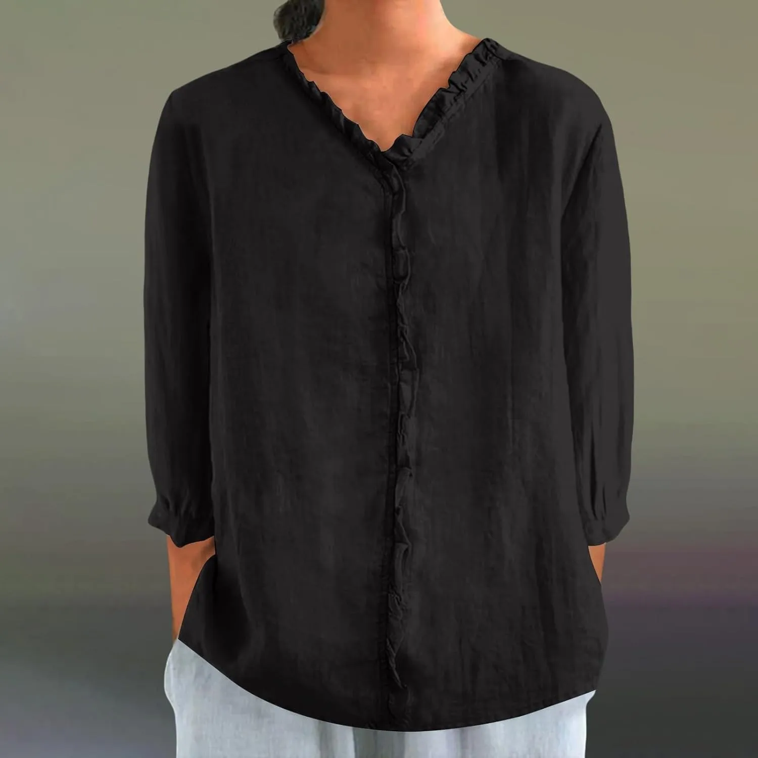 Cotton Linen Shirts for Women Summer Button Down Tops 3/4 Sleeve Dressy Casual Pleated Collar Blouse Oversized Tshirt