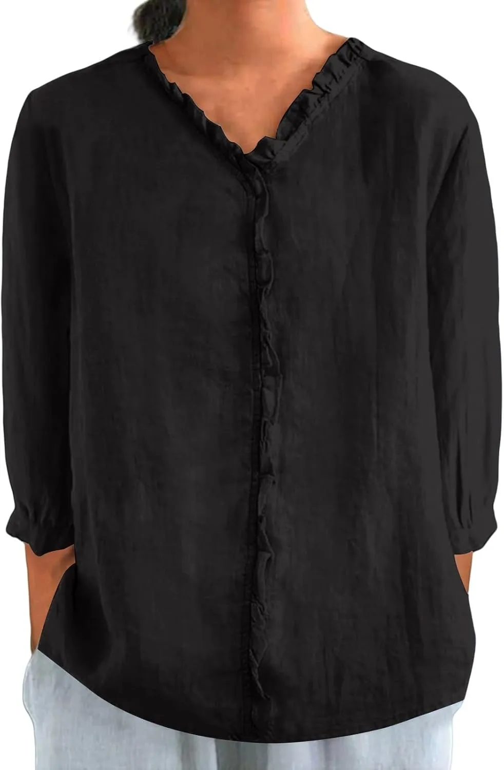 Cotton Linen Shirts for Women Summer Button Down Tops 3/4 Sleeve Dressy Casual Pleated Collar Blouse Oversized Tshirt