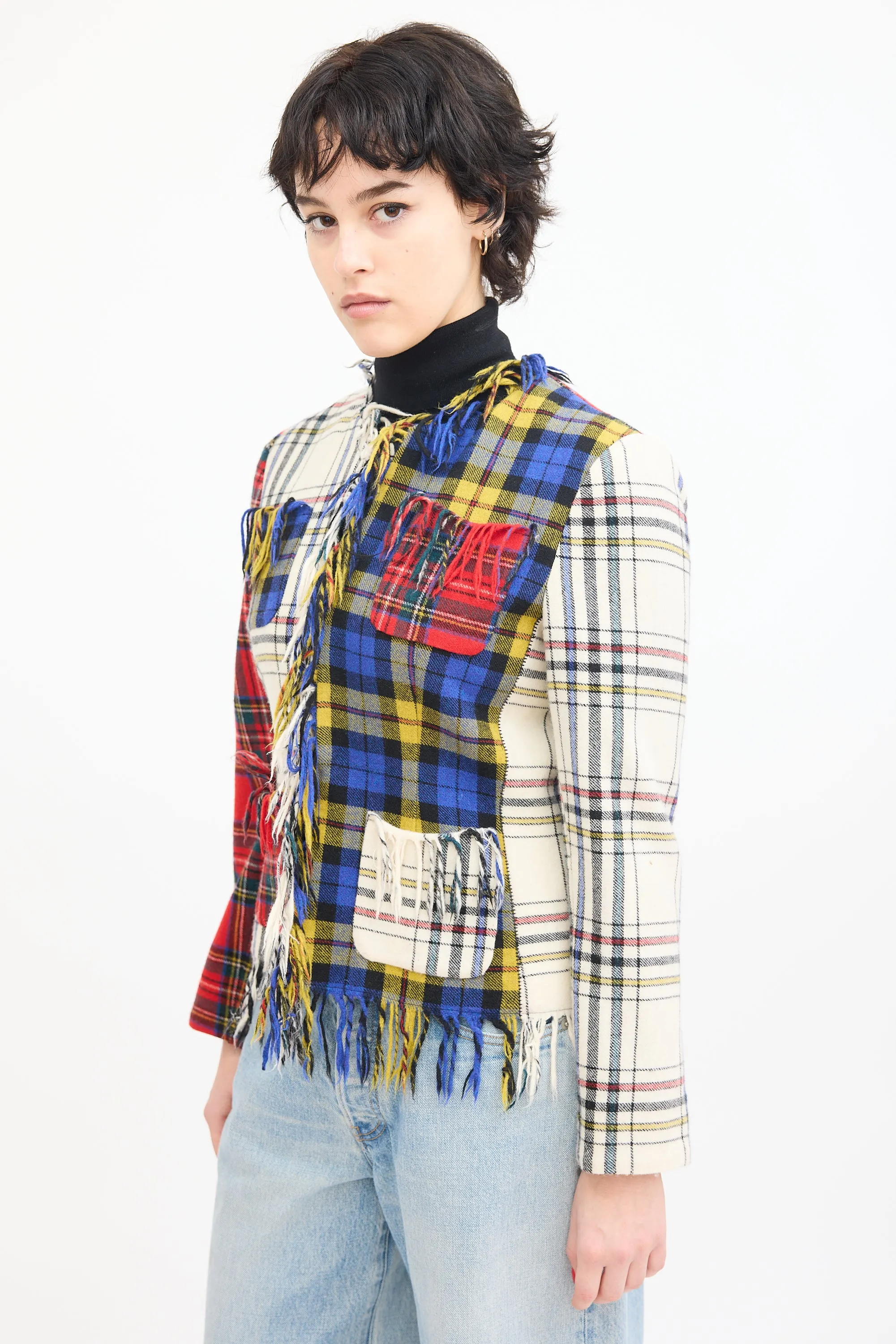 Couture Cream & Multi Wool Asymmetrical Tartan Jacket