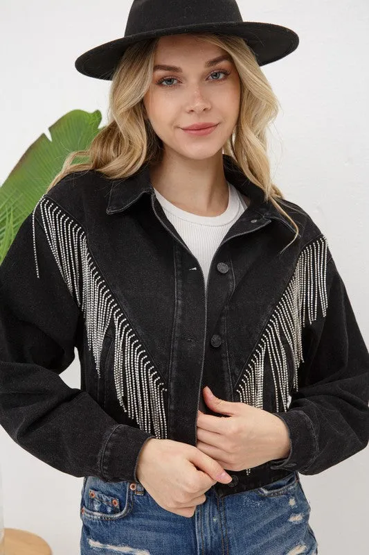 Denim Chevron Fringe Jacket (black)