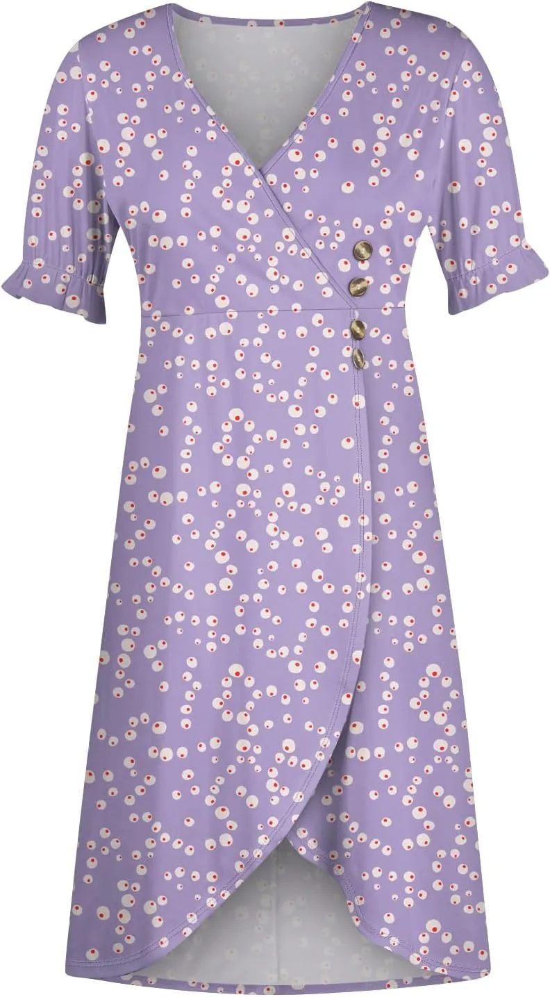 Elegant Wrap Dresses for Women 2024 Summer Floral V Neck Puff Sleeve Midi Dress Boho Ruched Irregular Hem Beach Dress