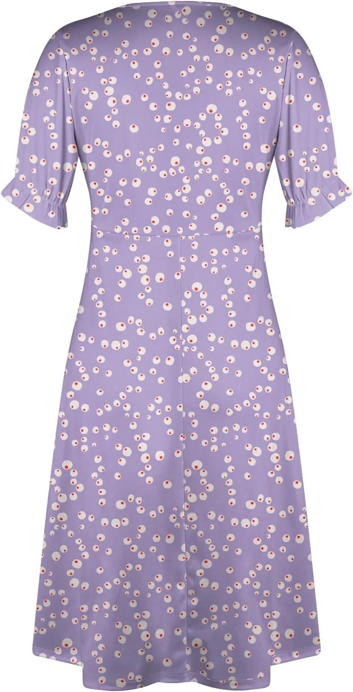 Elegant Wrap Dresses for Women 2024 Summer Floral V Neck Puff Sleeve Midi Dress Boho Ruched Irregular Hem Beach Dress