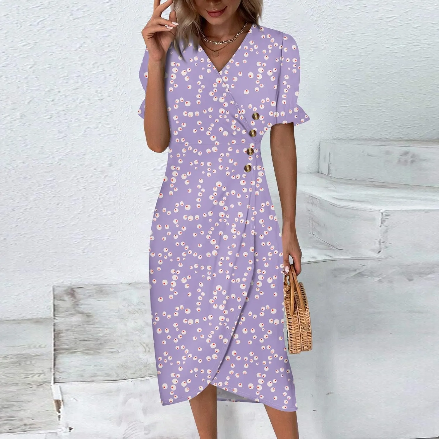 Elegant Wrap Dresses for Women 2024 Summer Floral V Neck Puff Sleeve Midi Dress Boho Ruched Irregular Hem Beach Dress