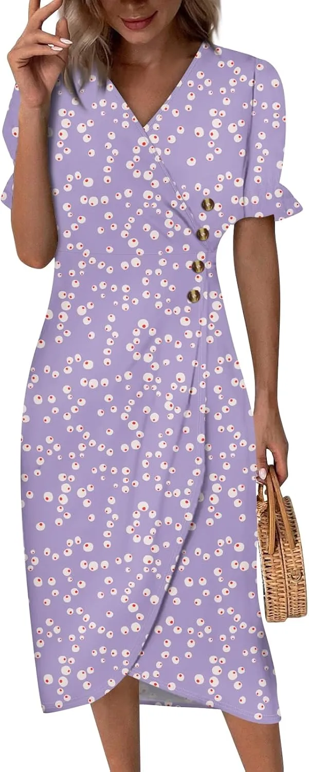 Elegant Wrap Dresses for Women 2024 Summer Floral V Neck Puff Sleeve Midi Dress Boho Ruched Irregular Hem Beach Dress