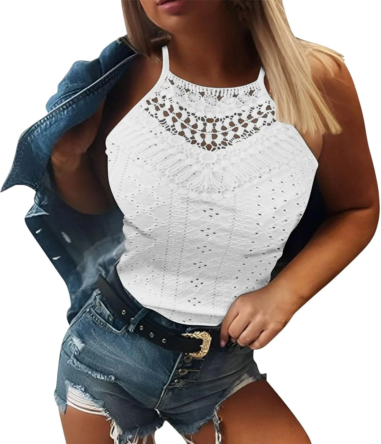 Eyelet Camisole for Women Lace Splicing Spaghetti Strap Tank Tops Sleeveless Blouses Loose Fit Going Out Tops