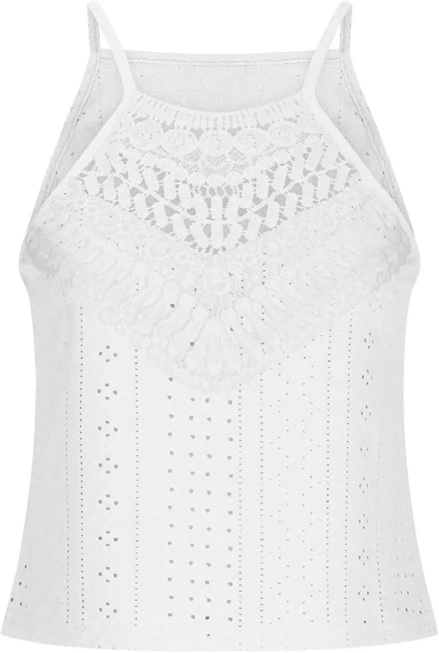 Eyelet Camisole for Women Lace Splicing Spaghetti Strap Tank Tops Sleeveless Blouses Loose Fit Going Out Tops
