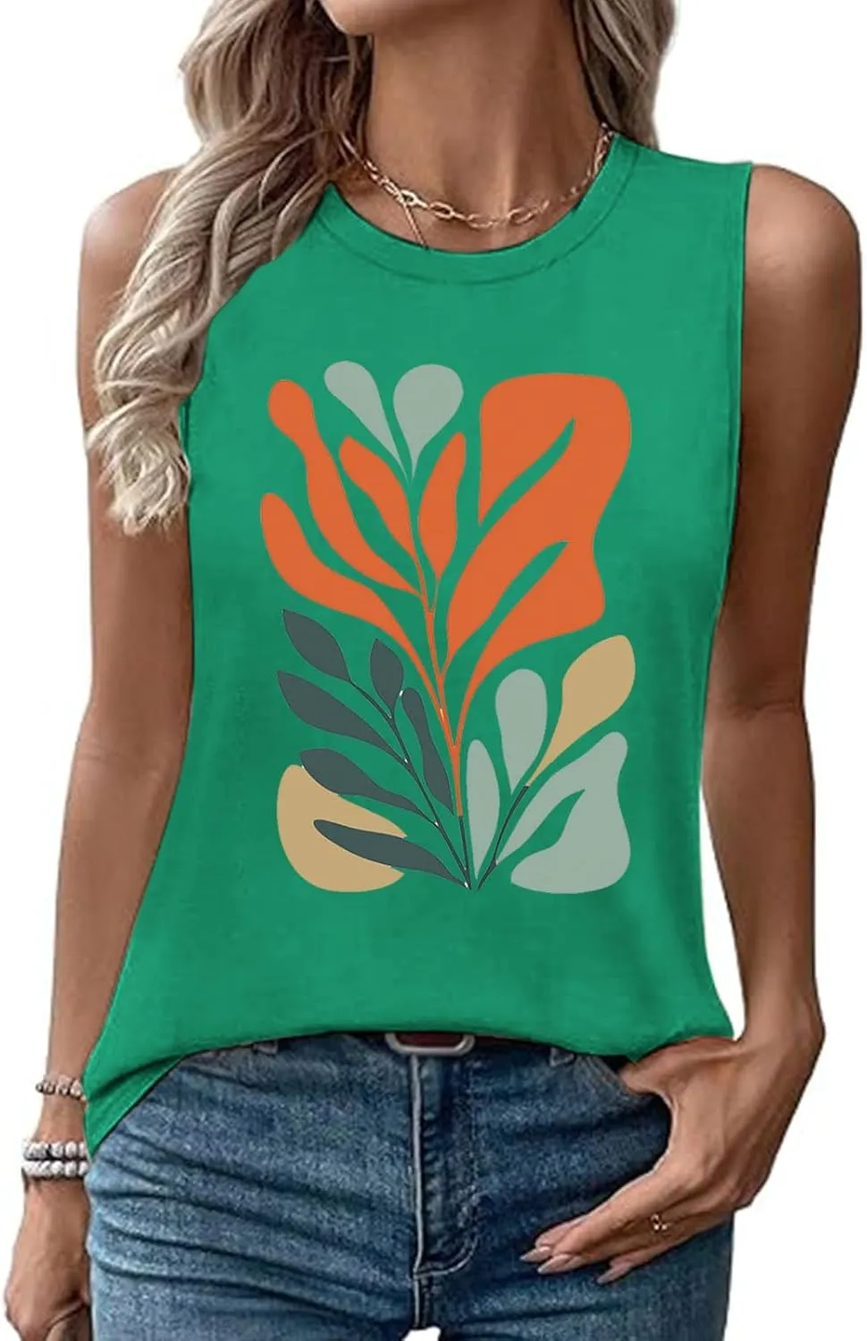 Fashion Casual Print Sleeveless Shirts for Women, Summer Loose Crewneck Trendy Tank Tops Soft Comfy Going Out Clothes