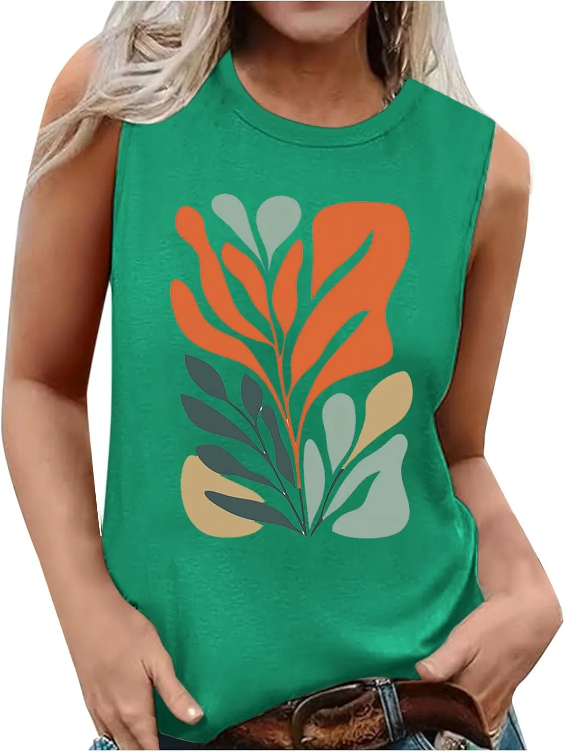 Fashion Casual Print Sleeveless Shirts for Women, Summer Loose Crewneck Trendy Tank Tops Soft Comfy Going Out Clothes