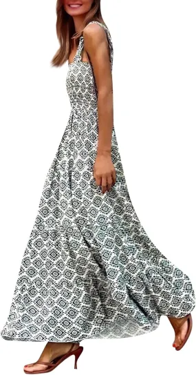 FlekmanArt Long Sundresses for Women 2025 Spaghetti Strap Graffiti Dresses Graphic A Line Swing Long Cami Dress