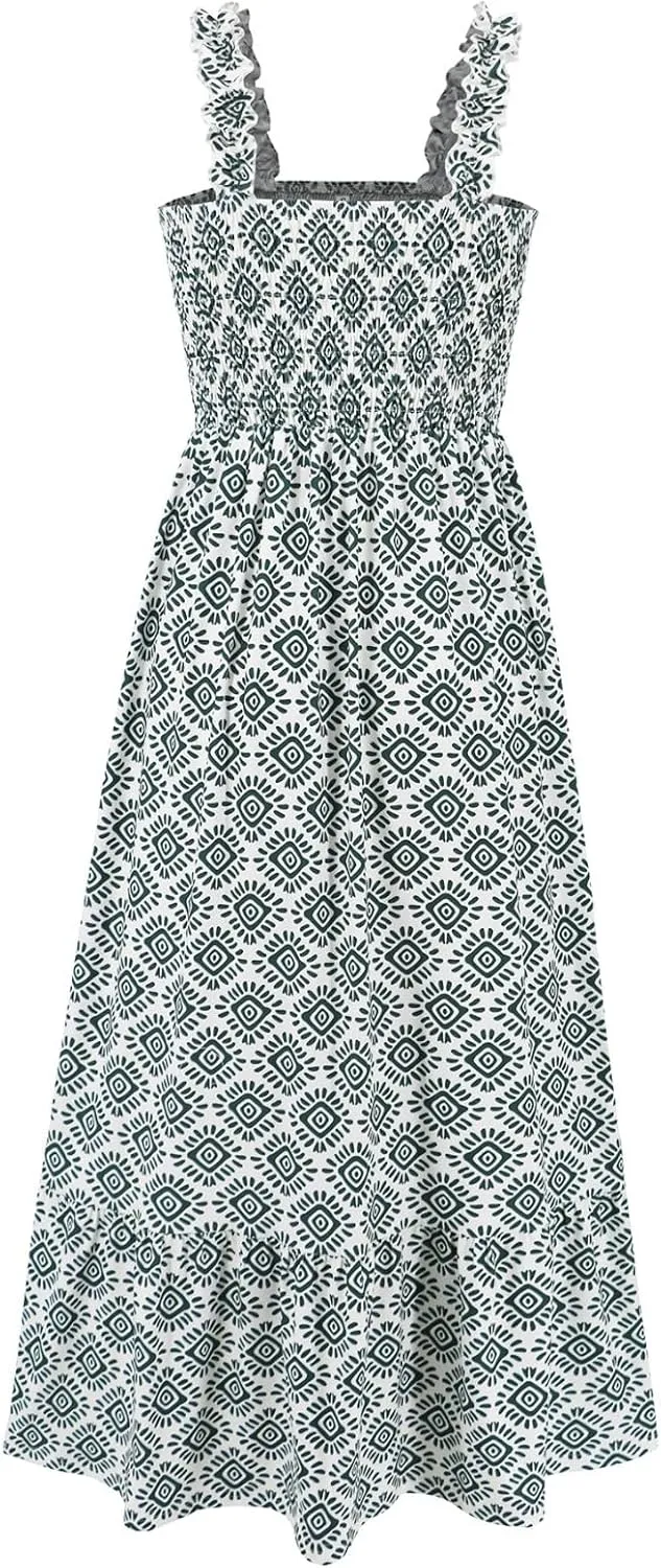 FlekmanArt Long Sundresses for Women 2025 Spaghetti Strap Graffiti Dresses Graphic A Line Swing Long Cami Dress