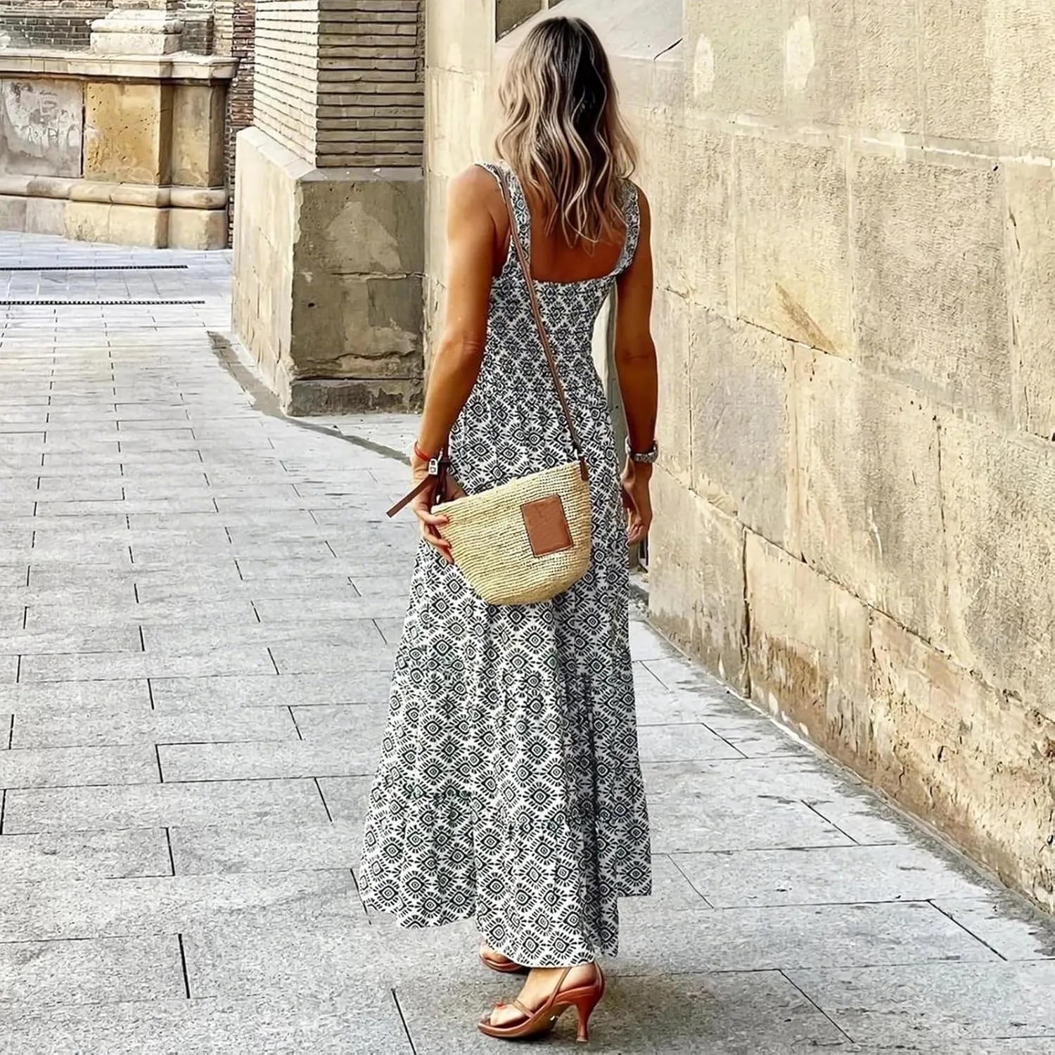 FlekmanArt Long Sundresses for Women 2025 Spaghetti Strap Graffiti Dresses Graphic A Line Swing Long Cami Dress
