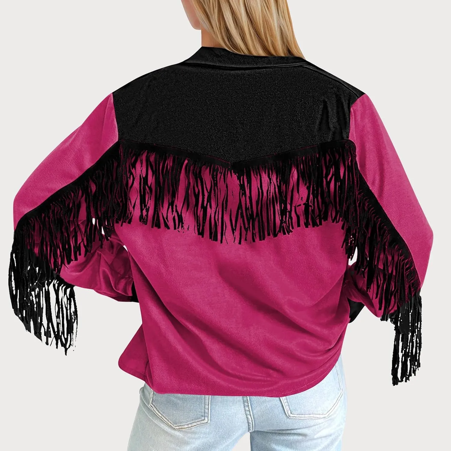 HGps8w Women's Fringe Jackets Fashion Color Block Tassel Motorcycle Cropped Coats Retro Cowgirl Cardigan Outerwear