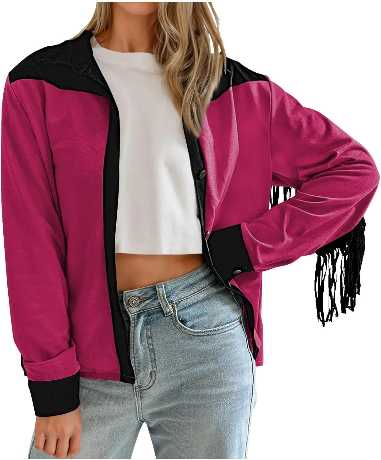 HGps8w Women's Fringe Jackets Fashion Color Block Tassel Motorcycle Cropped Coats Retro Cowgirl Cardigan Outerwear