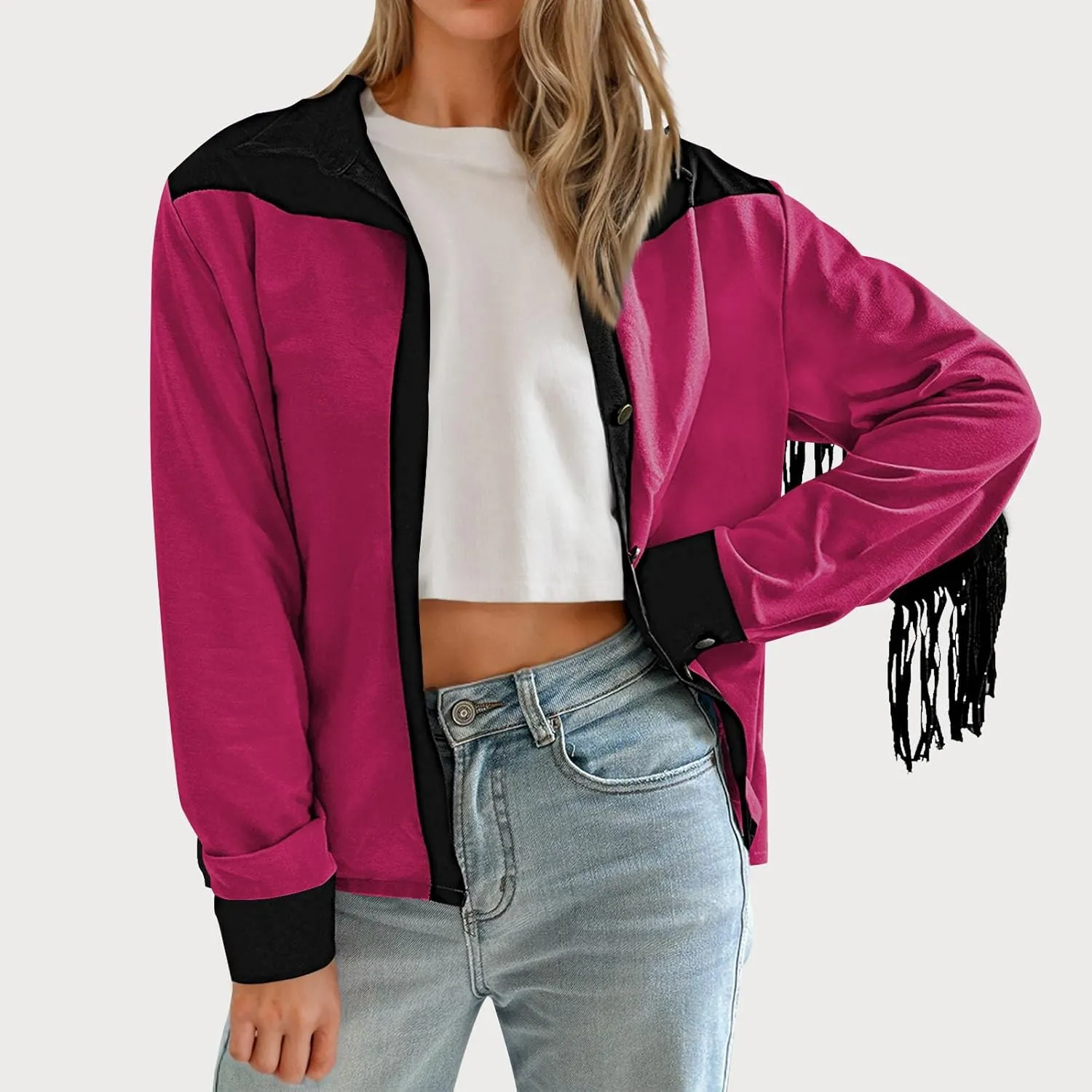 HGps8w Women's Fringe Jackets Fashion Color Block Tassel Motorcycle Cropped Coats Retro Cowgirl Cardigan Outerwear