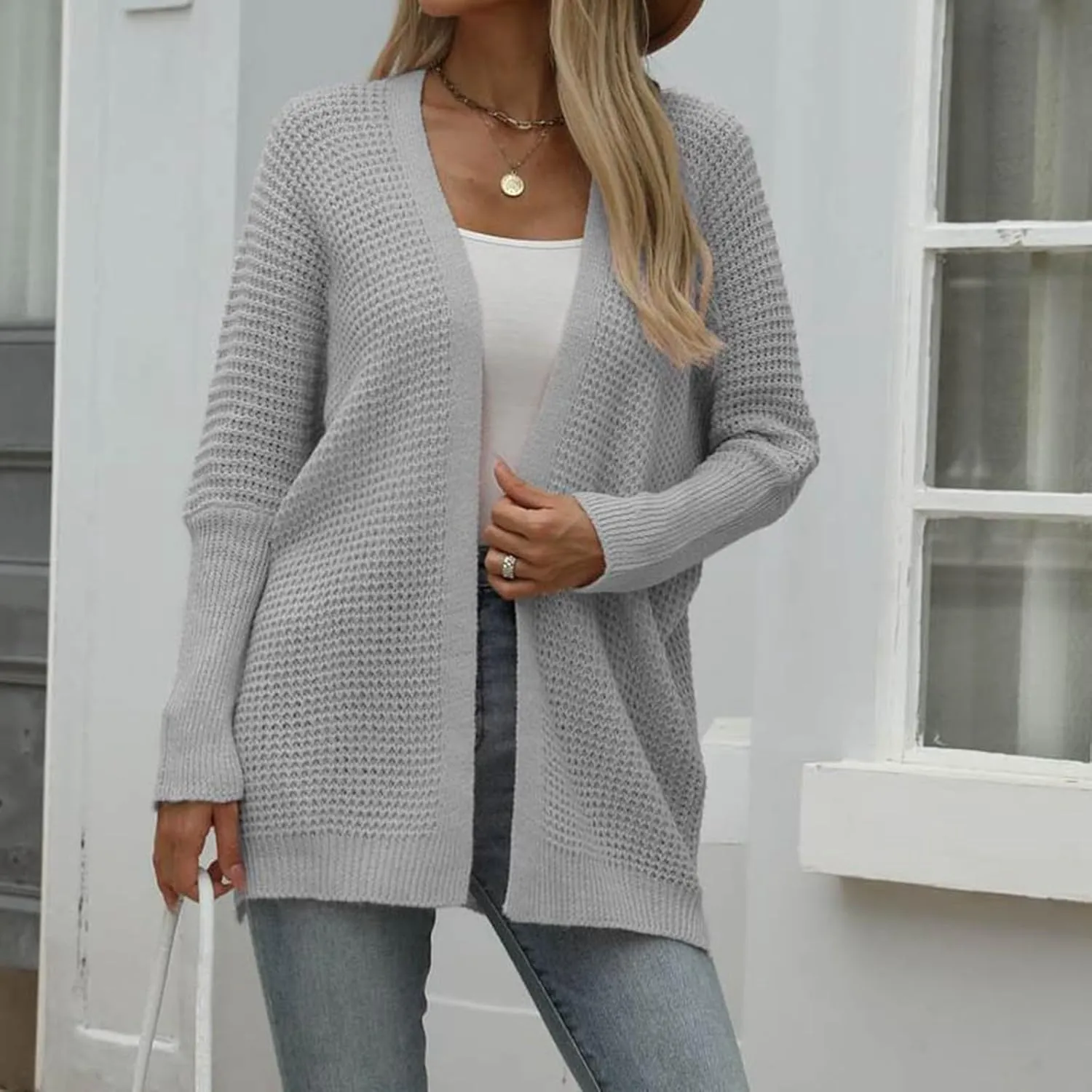 iLH Womens 2024 Autumn and Winter Cardigan Sweater Solid Color V Neck Long Sleeve Sweater Loose Chunky Knitted Coat
