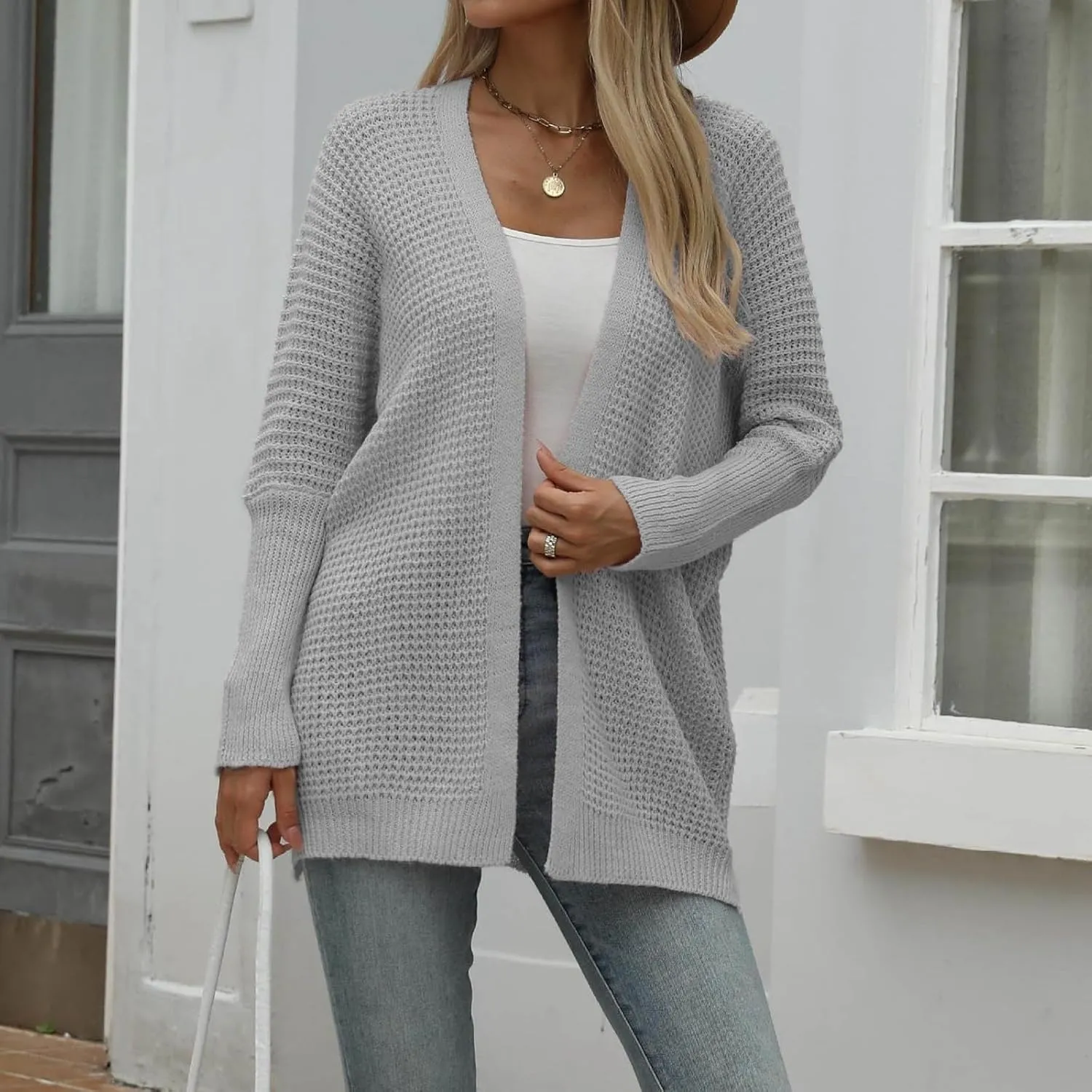 iLH Womens 2024 Autumn and Winter Cardigan Sweater Solid Color V Neck Long Sleeve Sweater Loose Chunky Knitted Coat