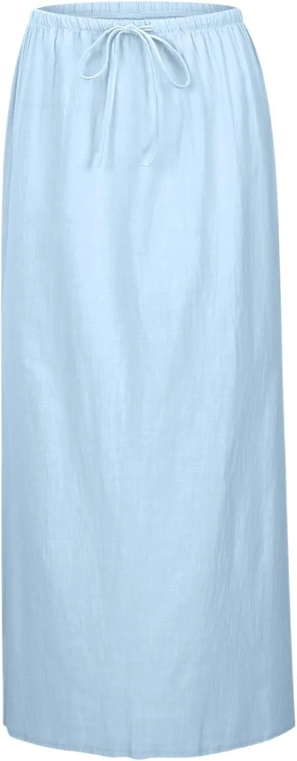 Linen Maxi Skirts for Women Trendy Summer Comfy Drawstring A Line Skirts Casual Beach Vacation Boho Flowy Long Skirts