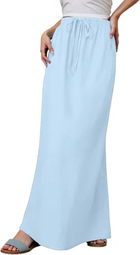 Linen Maxi Skirts for Women Trendy Summer Comfy Drawstring A Line Skirts Casual Beach Vacation Boho Flowy Long Skirts