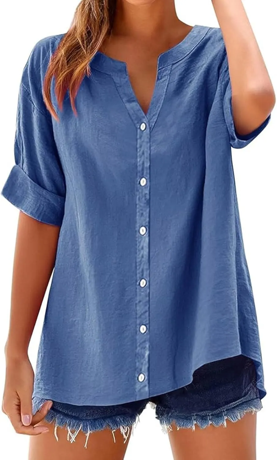 Linen Shirts for Women 2025 Summer Button Down Shirts Short Sleeve Collared V Neck Casual Blouses Work Office Tshirts