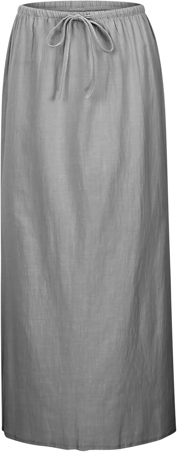 Long Skirts for Women with Slit high Elastic Waist Loose Solid Casual Maxi Skirt for Women Trendy Summer Vacation