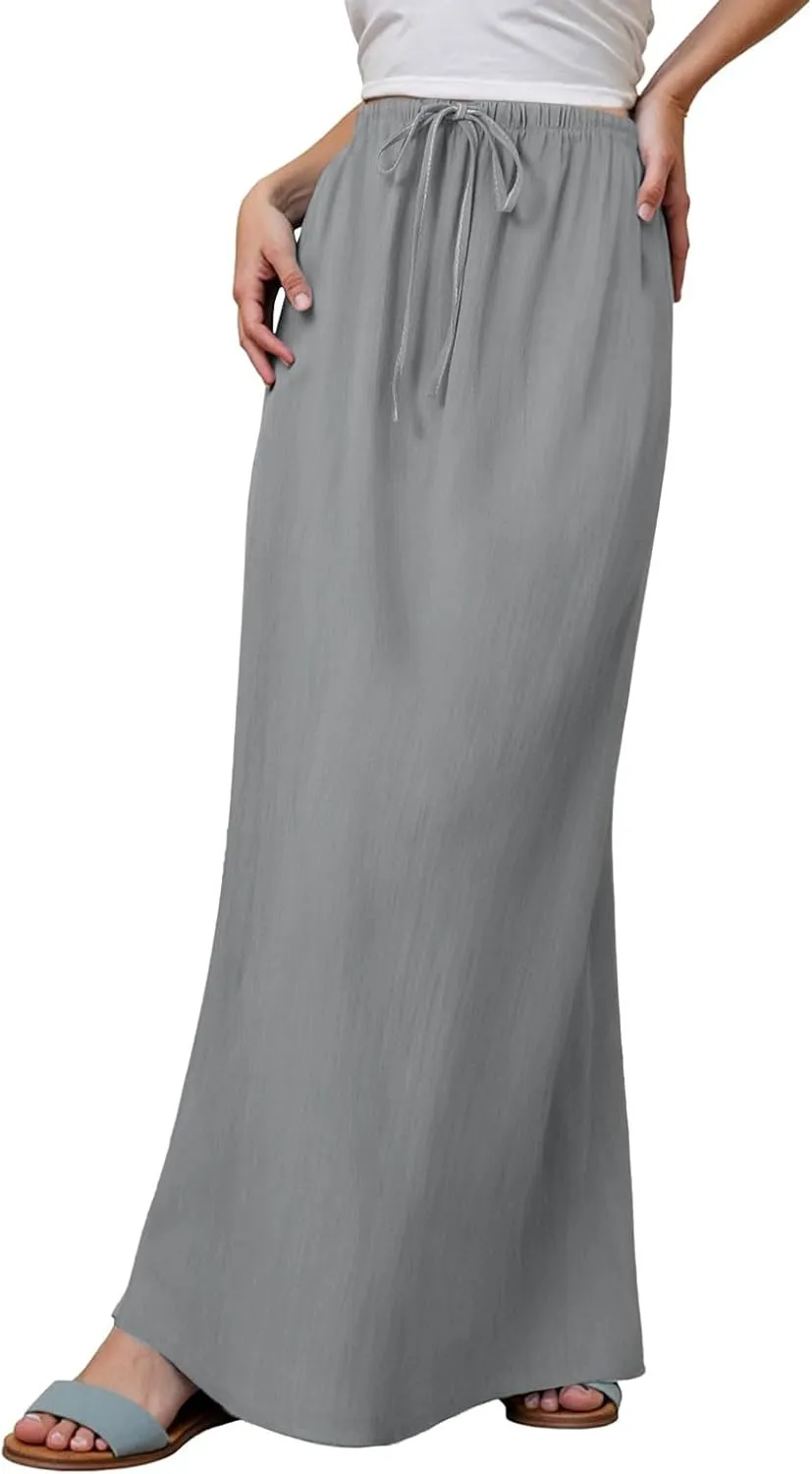 Long Skirts for Women with Slit high Elastic Waist Loose Solid Casual Maxi Skirt for Women Trendy Summer Vacation