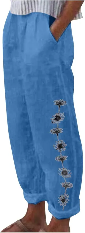 Loose Pants for Women Cotton Linen Flowy Casual Trousers Elastic Waist Elegant Daisy Printed Summer Trousers