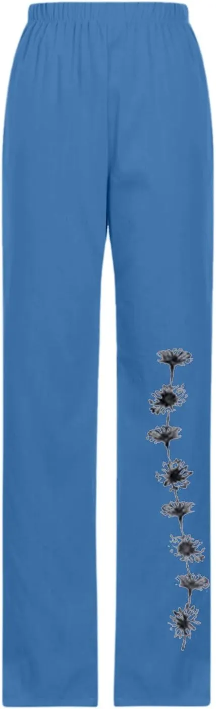 Loose Pants for Women Cotton Linen Flowy Casual Trousers Elastic Waist Elegant Daisy Printed Summer Trousers