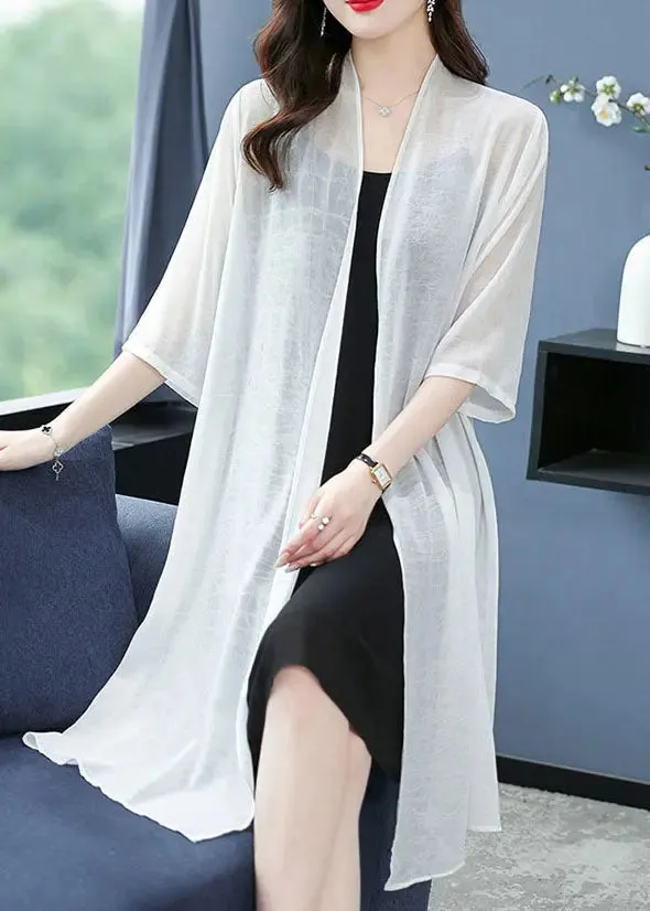 Loose White V Neck Solid Thin Silk Cardigans Summer LY8075