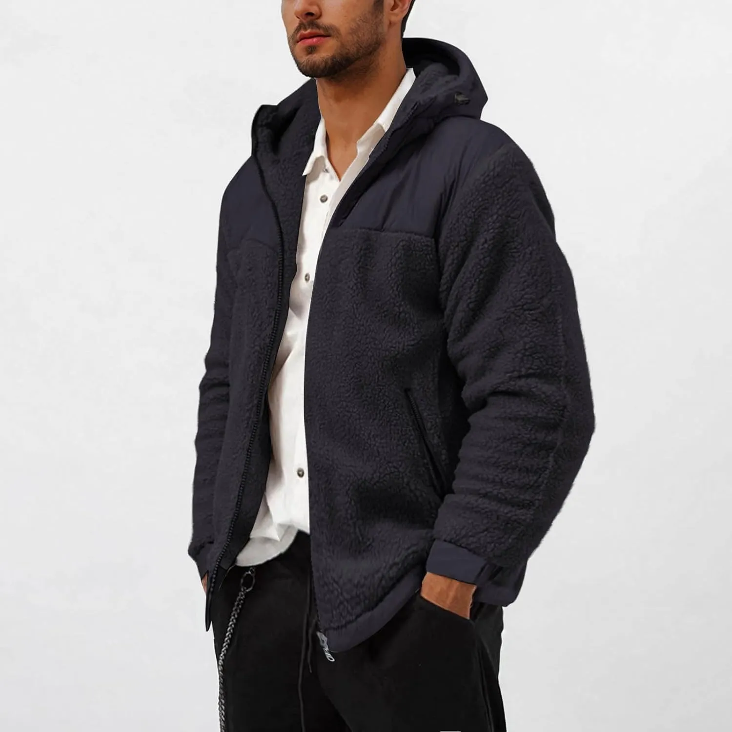Men's Winter Outdoor Coat Full-Zip Sherpa Fleece Hooded Jacket Warm Soft Fuzzy Winter Coats Sweatshirt with Pockets