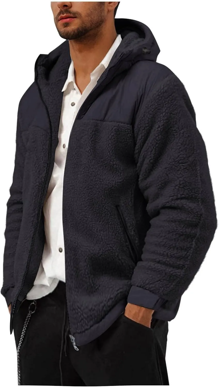 Men's Winter Outdoor Coat Full-Zip Sherpa Fleece Hooded Jacket Warm Soft Fuzzy Winter Coats Sweatshirt with Pockets